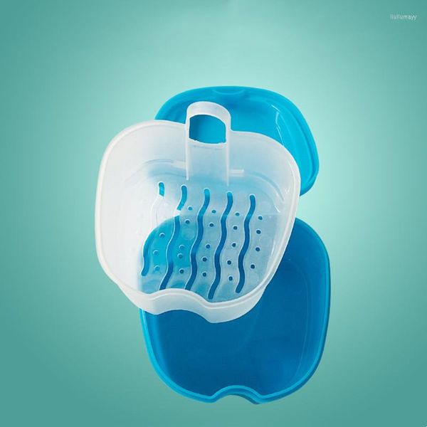 Caixas de armazenamento caixa de banho de próteses dental dentes falsos com contêineres de rede pendurada Plástico Organizador de dentes artificiais Cuidado