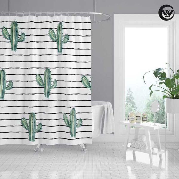 Tende per doccia in poliestere canotte per bagno tappetino da bagno set stampato a strisce simpatico cactus impermeabile da 4 pezzi di tappeto per il toilette.