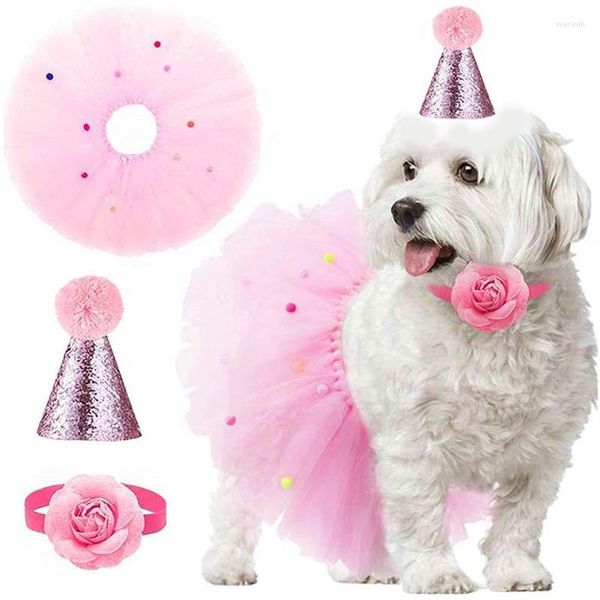 Hundebekleidung, kleines Happy Birthday-Party-Zubehör-Set, modischer Welpen-Tutu-Rock, niedlicher rosa Rosenkragen, Kegelhut, Kostüm, Hundezubehör