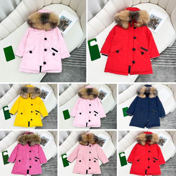 Cappotto per bambini Abbigliamento firmato per bambini Piumini Giacca Abbigliamento per bambini con distintivo Con cappuccio Spessa Capispalla calda Ragazza Ragazzo Ragazze Classico Parka 100% Collo in pelliccia di lupo Stile Rosa