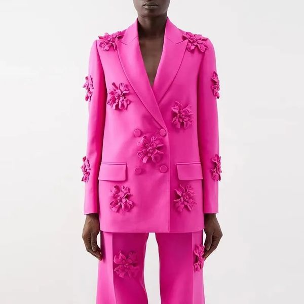 Y008 Designer tailleur pantalone blazer Due pezzi Set Giacca firmata Donna Fiori stereoscopici Appliques Blazer lungo doppio petto Hot Pink S-4XL