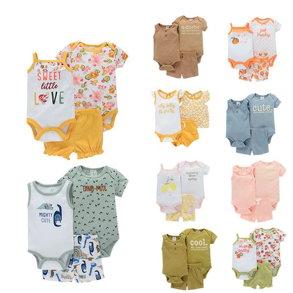 Yaz Baby Çocuk Romper Setleri Kısa Kollu Çiçek Mektubu Baskılı Körfez ve Pantolon 3pcs Erkek ve Kız Giysileri