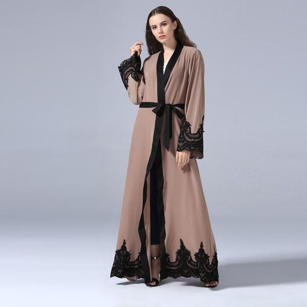 Casual Kleider Türkisch Dubai Muslim Stickerei Abaya Kleid Frauen Kimono Offene Lange Robe Spitze-up Jubah Islamische Kleidung Outwear Maxi Hijab