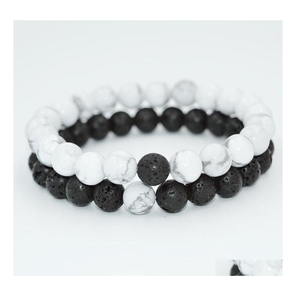 Fili di perline Est Catene di elasticità di pietra naturale Bracciali di coppia per donne e uomini Lava Rock Healing Energy Meditation Mala Bead Ot3Sa