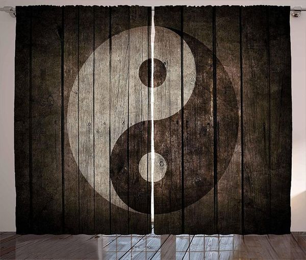 Vorhang Ying Yang Vorhänge Rustikales Holz mit Schild Kunst Grunge Design Peace Balance Yoga Natur Wohnzimmer Schlafzimmer Fenstervorhänge