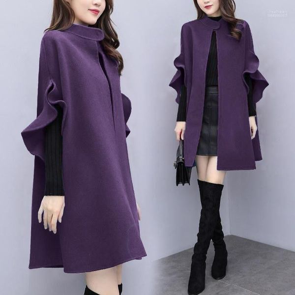 Frauen Wolle Herbst Schal Mantel Rüschen Flare Hülse Weibliche Woolen Mäntel Mode Lose Damen Capes Lange Jacken1 Heat22