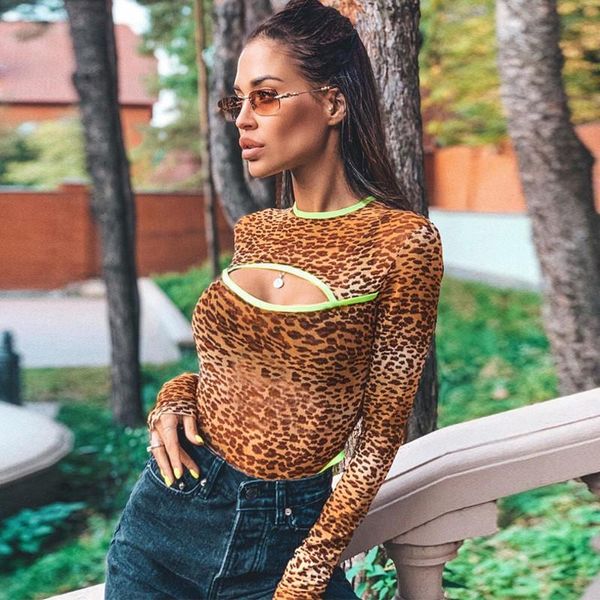 Tute da donna Pagliaccetti 2023 Tuta leopardata sexy Pagliaccetto da donna aderente Scava fuori manica lunga Stampa Streetwear Slim One Piece Bodies