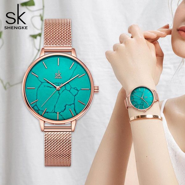 Avanadores de pulso Shengke Emerald Dial Women Women Women Rosegold Rosegold Aço inoxidável Banda de mármore Surface Original Brand Perdond