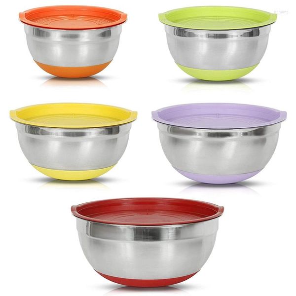 Tigelas 5pcs tigela de mistura com tampas de tampas de aço inoxidável Salada de silicone para cozinhar cozinha