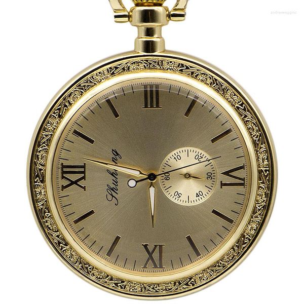 Taschenuhren Exquisite offenes Gesicht mechanische Uhr römische Zahlen Analoganzeige Anhänger Uhr mit Halskette Kette für Männer Frauen PJX1390