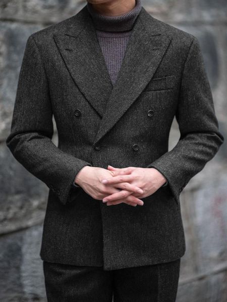 Erkek Suit Blazers Kış Kahverengi Tweed Suit Resmi İş Bulaşma Zirvesi Çift Kırıltılı Tepeli Yakıt Adam Düğün Smokin Ofis W