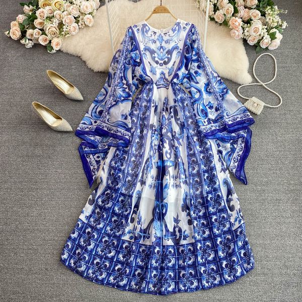 Vestido Maxi Feminino Manga Batwing Azul e Branco Impressão Porcelana Boêmia Férias Designer de Moda Vestidos de Verão Faldas 2023