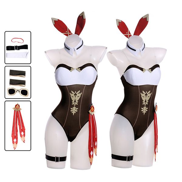 Anime Costumes Genshin Impact Amber Cosplay Bunny Girl Sexy Jumpsuit Halloween pour les femmes