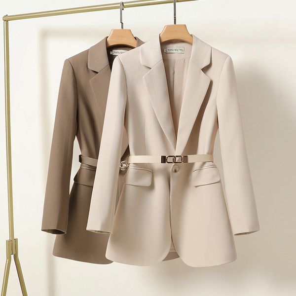 Spring Autumn Elegant Women Jackets 2023 Notched Collar Single Breasted Blazer Office Lady Long Sleeve Solid Blazer Coat with Belt