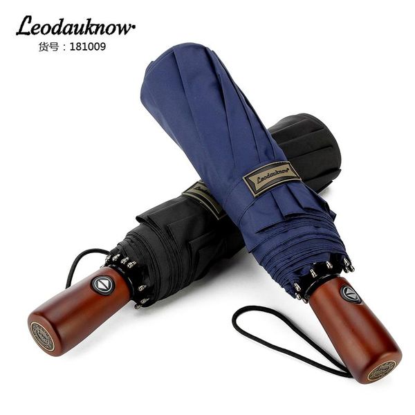 Guarda -chuvas leodauknowkn totalmente automático maçaneta de madeira dupla de tecido duplo windbreak de três negócios dobráveis ​​de elite masculino 10k azul preto guarda -chuva