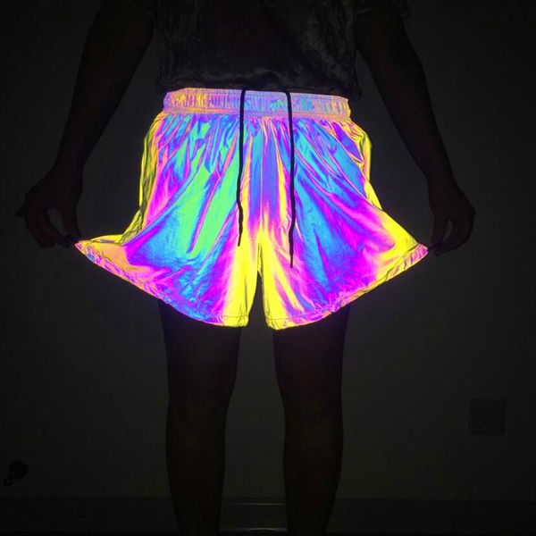 Shorts femininos coloridos estilo luminoso de verão anti-brilho solto solto de moda refletiva elástica cinturão de calcinha de calcinha