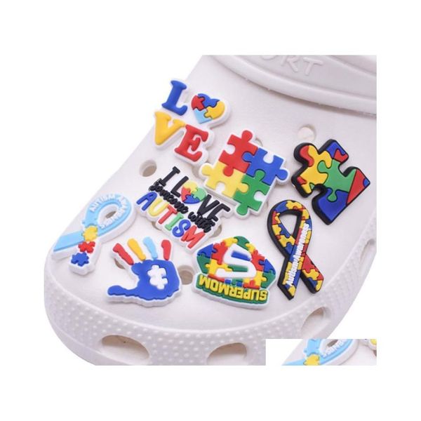 Parti di scarpe Accessori Croc Shoes Charms 100 Pz / lotto Consapevolezza dell'autismo personalizzato Ribibon Pvc Shoecharm Fibbie Fashion Soft Drop Deliver Dheiv