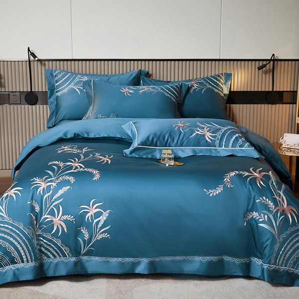 Defina a cama Bordado em estilo chinês de luxo Conjunto de algodão egípcio Sheft Silky Toupet Sheet lençol plano ou travesseiro equipado