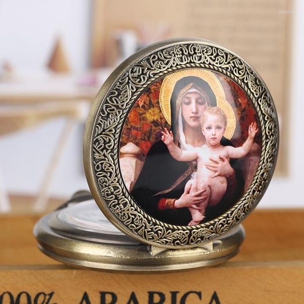 Orologi da tasca Religiosi Vergine Maria e Gesù Orologio al quarzo con pendente per donne Ragazze Lady Gioielli Collana Catena Regalo Uomini