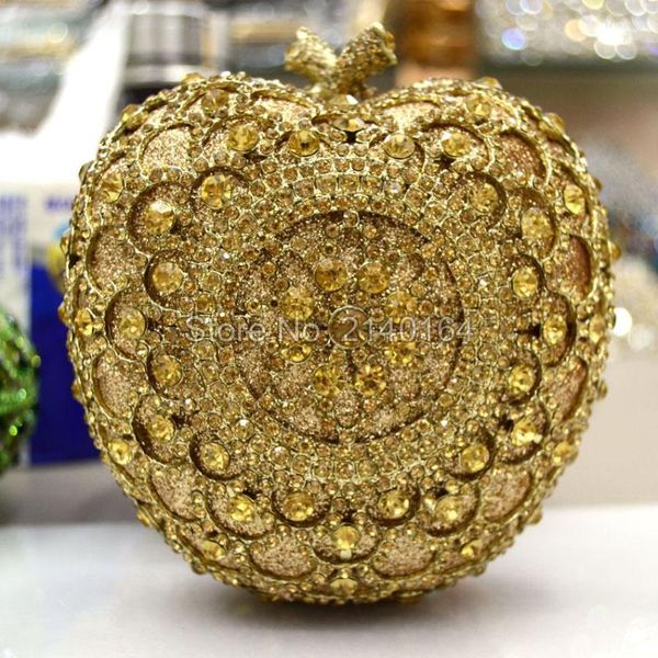 Bolsas de noite Mulheres brilhantes brilho dourado hollow Out Diamond Gold Gold Apple Rankes Bolsa de ombro de embreagem de metal (88307-D)