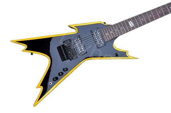 LvyBest Incomum Shape Black Body Electric Guitar com hardware preto de liga￧￣o amarelo fornece servi￧os personalizados