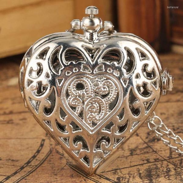 Relógios de bolso Love Heart Shape Quartz Assista Bronze/Prata/Preto Colar Único Corrente Pingente Cadeia Lady Lady Gifts For Girls Women