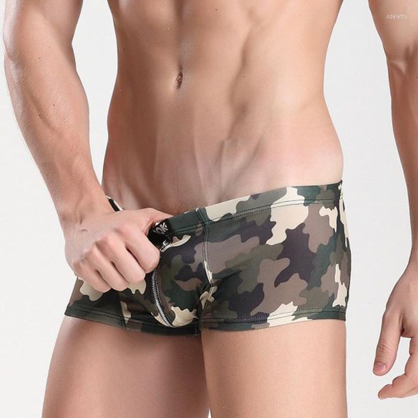 MUITAS MEN Men Sexy Zipper Open Camouflage Boxer Shorts com bolsa dentro de cueca boxeadores gays de cintura baixa