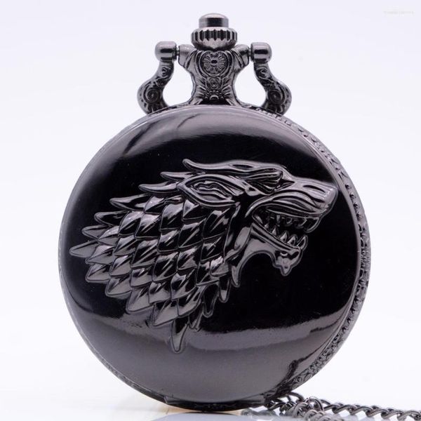 Orologi da tasca Black Wolf L'inverno sta arrivando Winterfell: House Starks Family Emblem Color Orologio al quarzo Collana con ciondolo Uomo Donna