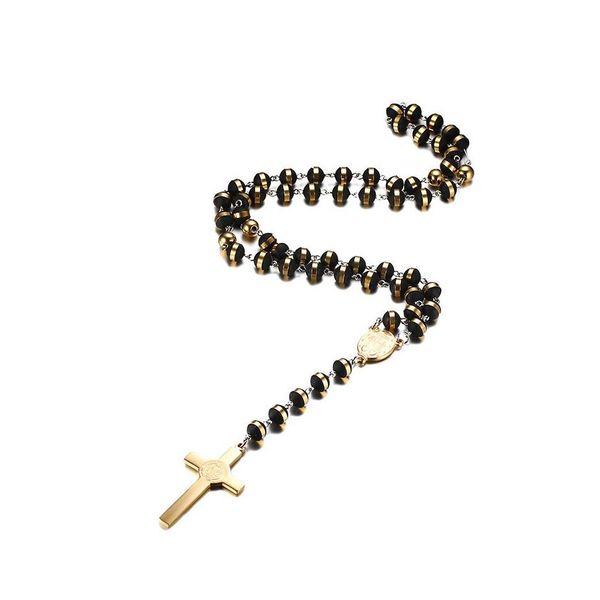 Collane con pendente Colore nero / oro Collana lunga con rosario per uomo Donna Catena con perline in acciaio inossidabile Croce Gioielli da regalo per uomo da donna 418 Dh2Oy