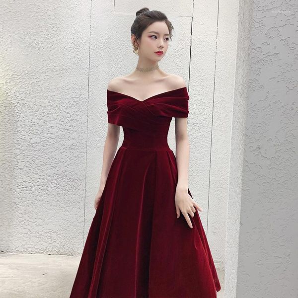 Ethnische Kleidung Elegantes Burgunder-Abendkleid Cheongsam One Shoulder Kurzarm Velours A-Linie Prom Fomail Kleid Vestidos De Noche