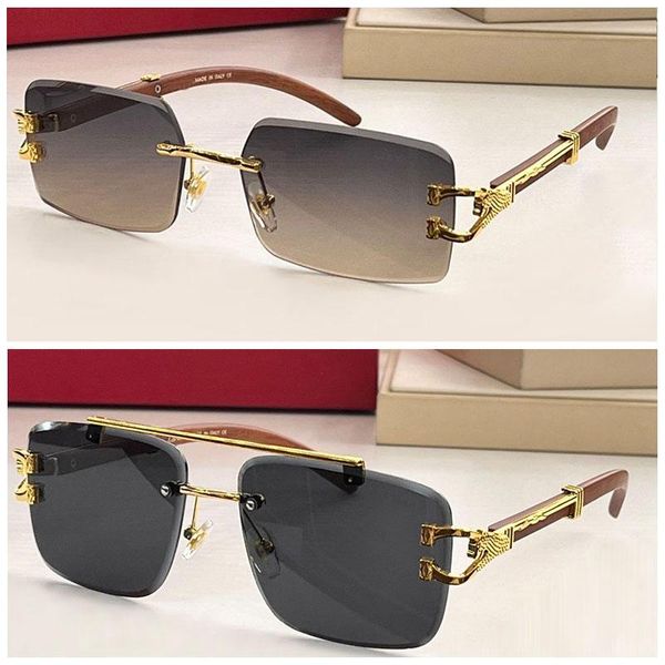 Sonnenbrille Neue Luxus-Herren-Designer-Sonnenbrille Randlose quadratische graue blaue Linse Doppelstrahl Gold Hardware Polieren Handwerk Goldener Cartter-Kopf schmücken Arm