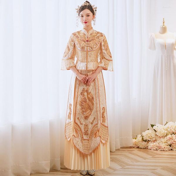Roupas étnicas Minchas sexy de miçangas Tassel Bordado de alta qualidade Casar roupas Cheongsam Vestido de noiva tradicional da noiva chinês QIPAO