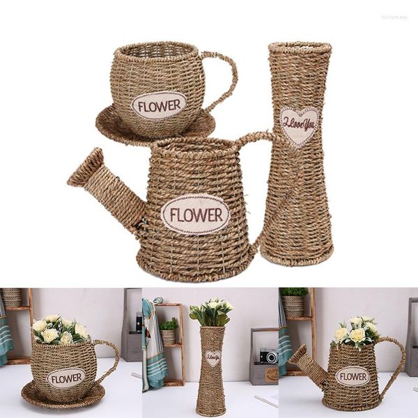 Vasi 1Pc Creativo Vaso da fiori in vimini intrecciato a mano Cesto portaoggetti portatile in rattan per la casa Decorazioni per il giardino