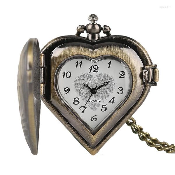 Orologi tascabili a forma di cuore retrò ciondolo in bronzo con catena collana cool quarzo fob orologio per donne donne girl regalo