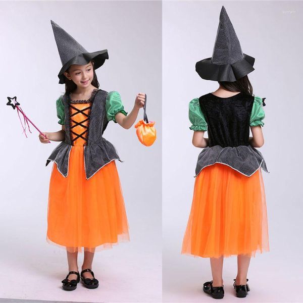Mädchen Kleider Kinder Halloween Kostüm Hexe Cosplay Kontrast Farbe Kleid Kappe Candy Tasche Maskerade Party Rolle Spielen Kinder Kleidung