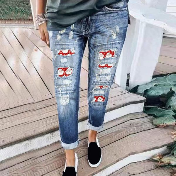 Jeans da donna Leggings natalizi da donna Pantaloni strappati patchwork con stampa Babbo Natale Jeans alti strappati con foro a vita media