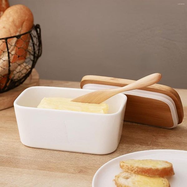 Placas Placa de cerâmica de caixa de manteiga branca nórdica com tampa de madeira e recipiente de bandeja de armazenamento de queijo de faca