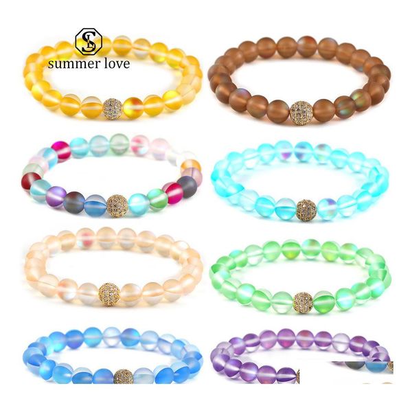 Fili di perline 12 colori Moonstone Flash Stone Bracciale con perline per donna Uomo 8Mm Dl Perle di vetro smerigliato polacco Cz Micro Pave Ball C Dhhza