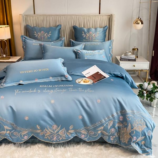 Bedding Sets Style European Luxury Cotton Floral Bordery Blue Conjunto de edredão Pounhores de lençóis planos Fronhas de lençóis 4pcs #/