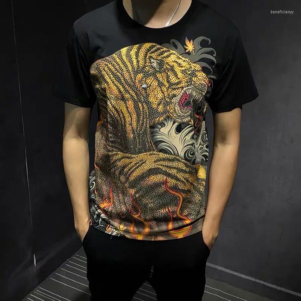 Camisetas masculinas Tigre Tiger Drill Quality Quality shinestone elástico respirável manga curta tamanho 4xl