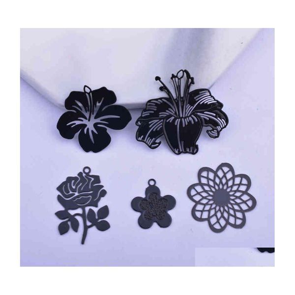 Charms 12Pcs Making Eearring Black Flower Lilies Rose Ciondolo Accessori per gioielli Drop Delivery Components Dhn1S