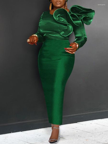 Повседневные платья Bodycon Chic и элегантная женщина вечернее платье винтажное сексуальное о-образное оболочка с оборками длинные vestido green chrismas Office Lady