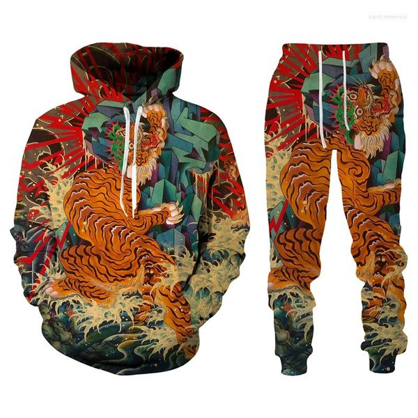 Fatos masculinos Harajuku 3D Tiger Impresso Homens Hoodies Calças Casuais Moletom Com Capuz Sweatpants 2 Pc Set Autumm e Inverno Sp2702