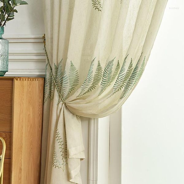 Cortina cortina nórdica para sala de jantar quarto quarto fresco tecido de linho bordado verde acabamento acabado personalização