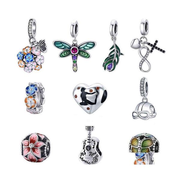 Charms Libellula 925 Sier Perline Fiore di ortensia Farfalle Braccialetti Piuma di pavone Gioielli di moda Fai da te Accessori per perline Goccia Del Dh7Eb