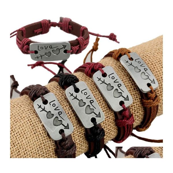 Bracelets de charme Love de couro genu￭no na primeira vista Casal One Arrow Double Heart Wrap Bangle for Men Men Jewelry Gift Drop Deliver Otjz0