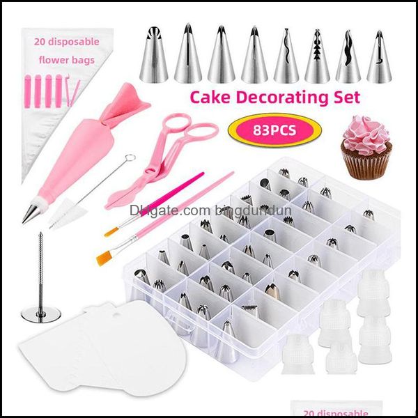 Ferramentas de pastelaria de panificação 83pcs Kit de ferramentas de decoração de decoração de bolo de bolo PI bocais de bolsa de gelo de gelo conjunto de fontes de fondant DROW HOME DHU6Q