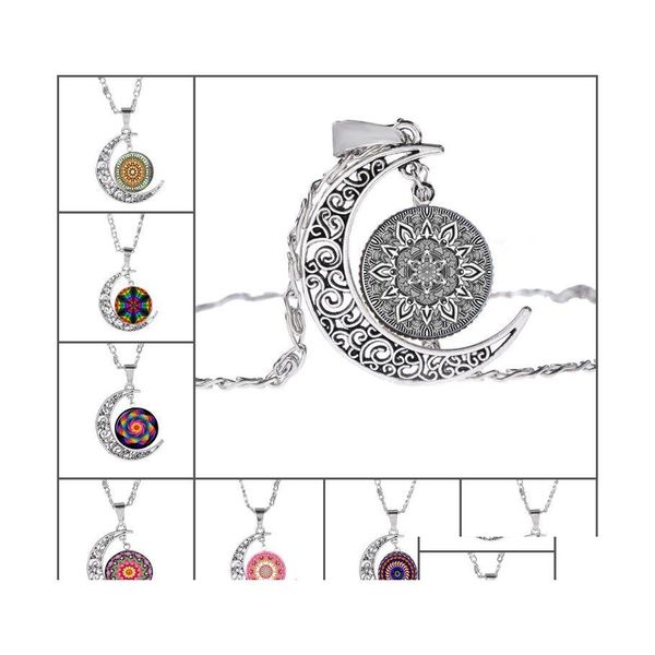 Подвесные ожерелья мода индийская мандала цветок жизни пустого резного полумесяца луны Кабохоны Стеклянное лунное колье для женщин dro otkg5