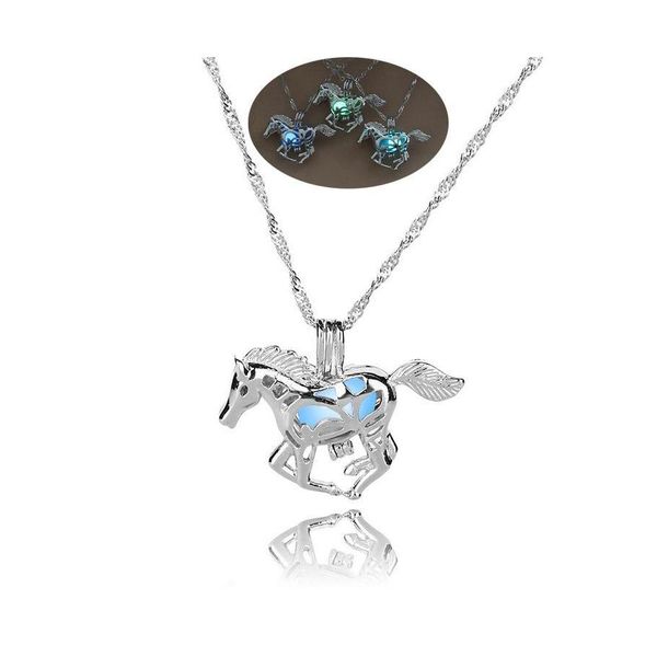 Magchetes Coloque de pingente de gaiola de p￩rolas Horse Glow in the Dark Open Hollow Hollow Luminous Animal Charm Magchet Colar para Moda Moda Dr Otupl