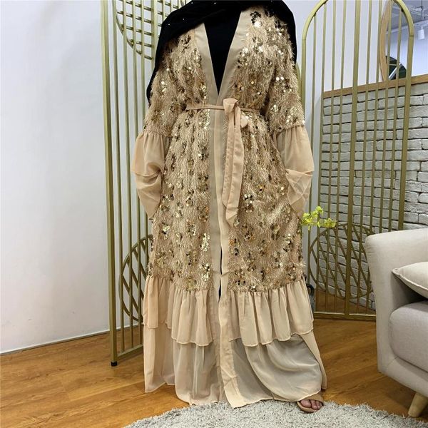 Roupas étnicas Vestido muçulmano lantejoulas de chiffon mangas de trompetes Cardigan Robe Middle Oriente Eid Duabi Abaya Turquia Donsignet